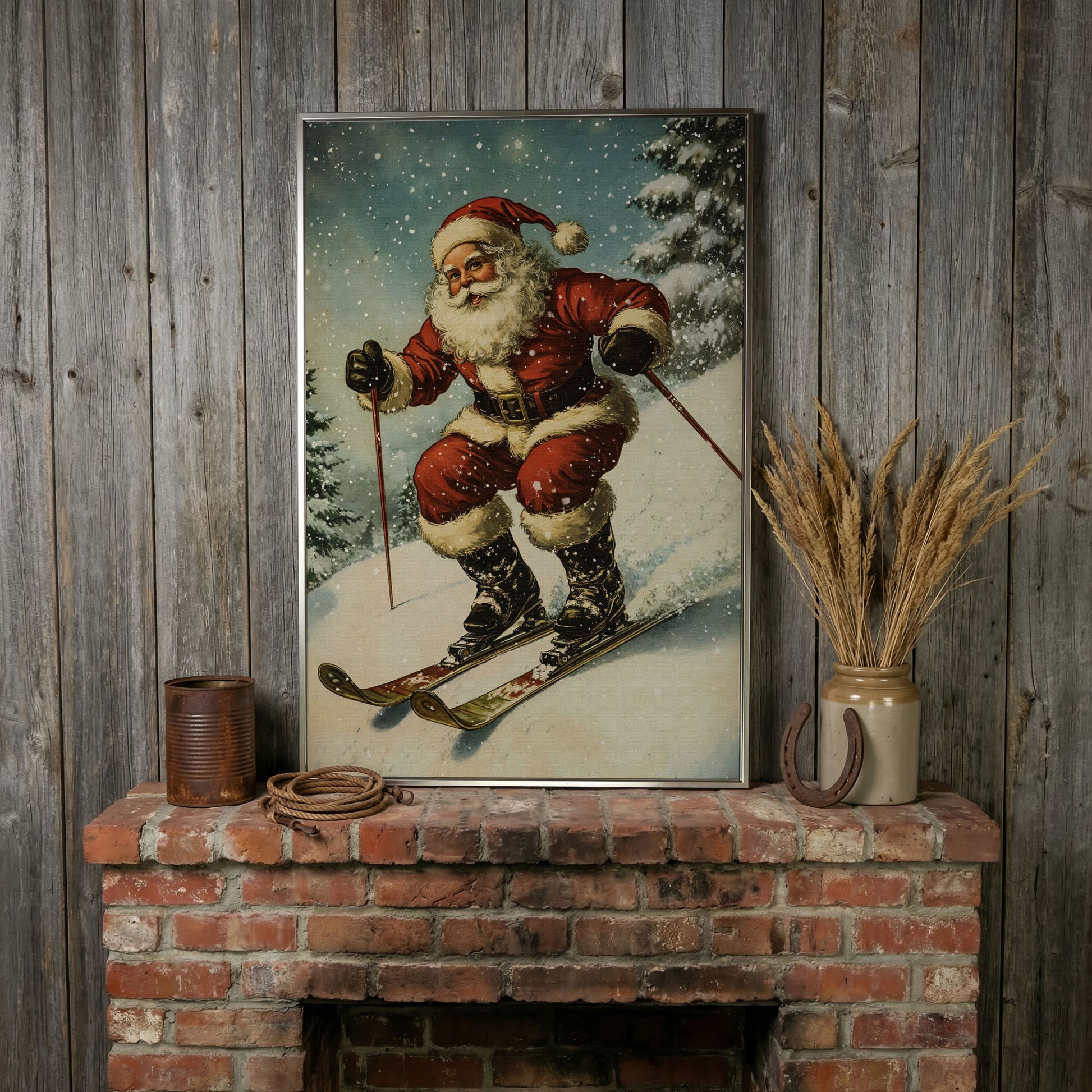 Santa Claus Skiing Canvas Print for Holiday Décor in silver floating frame
