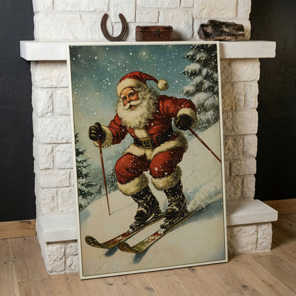 Santa Claus Skiing Canvas Print for Holiday Décor in white floating frame