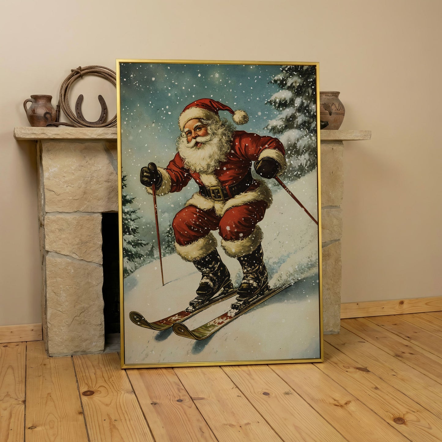 Santa Claus Skiing Canvas Print for Holiday Décor in yellow gold floating frame