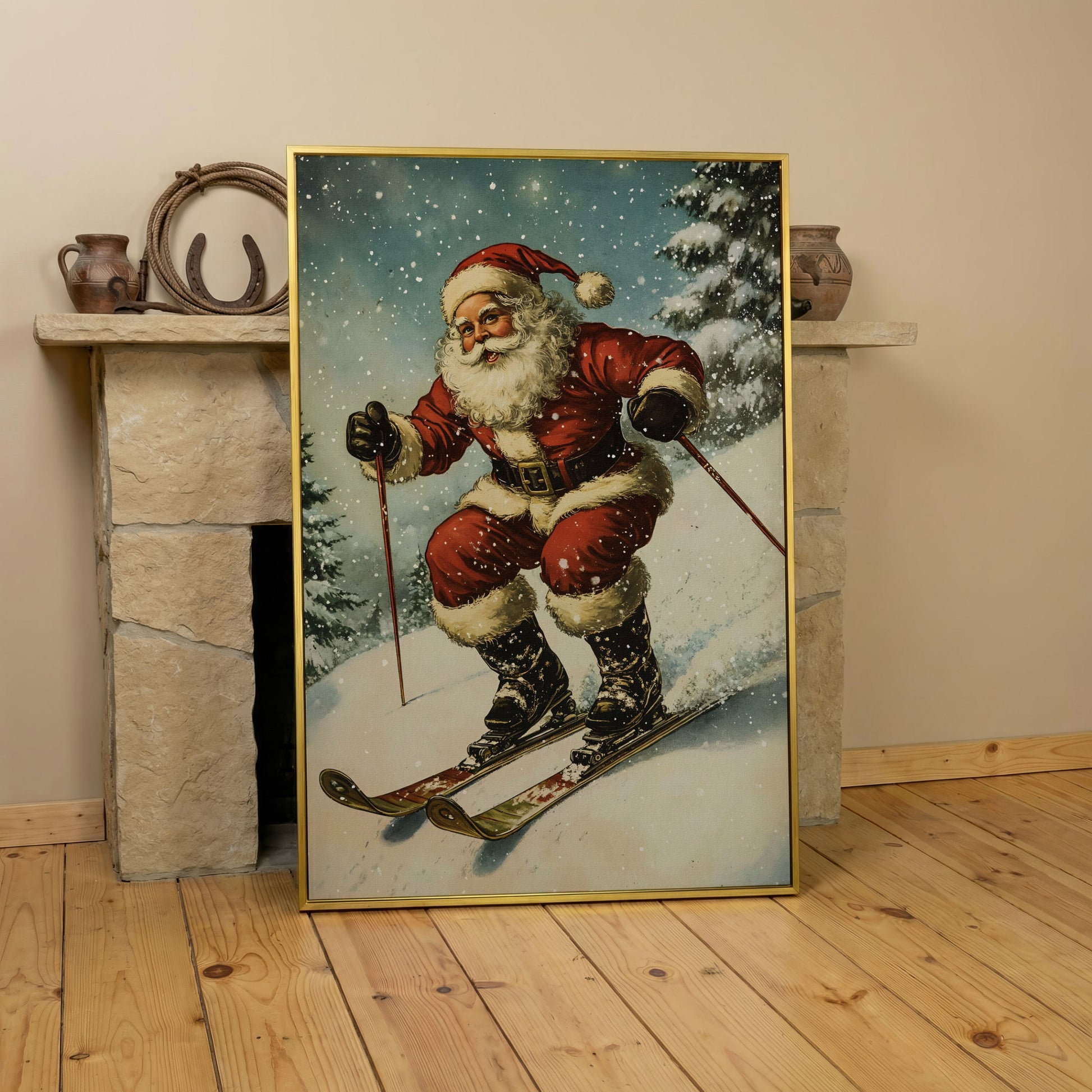 Santa Claus Skiing Canvas Print for Holiday Décor in yellow gold floating frame