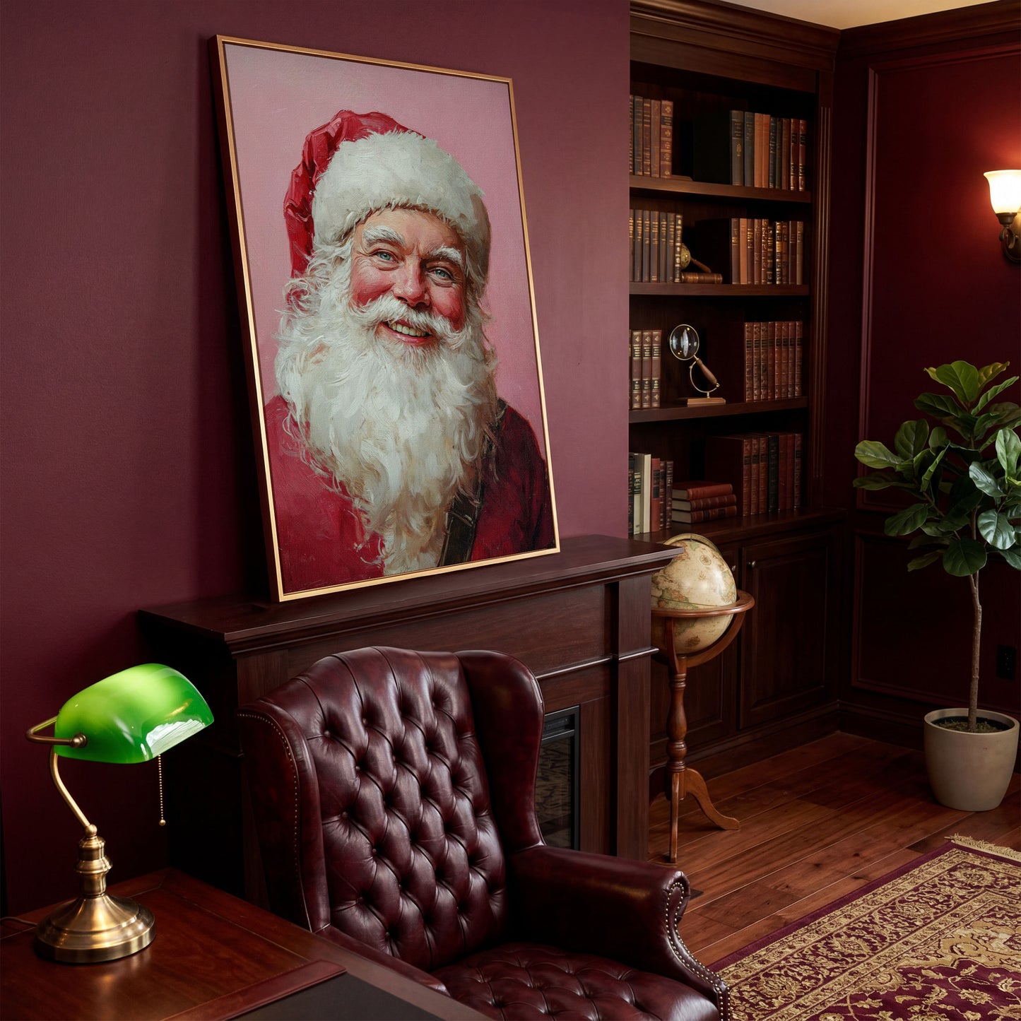Santa Portrait Canvas in Rose Pink and Ivory in antique gold floating frame