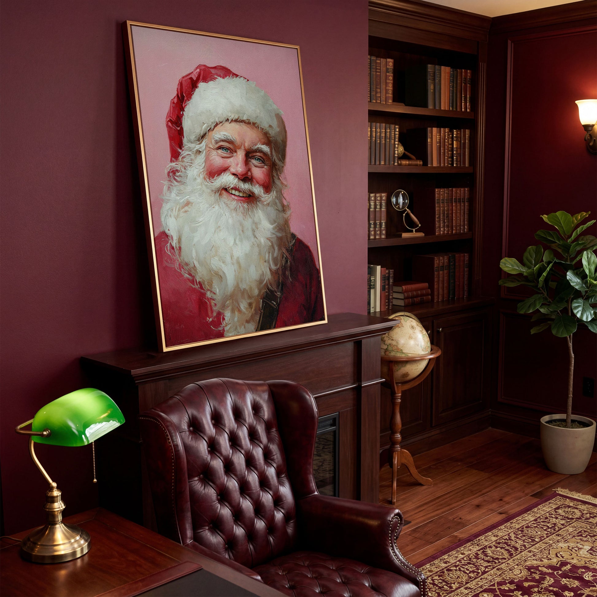 Santa Portrait Canvas in Rose Pink and Ivory in antique gold floating frame