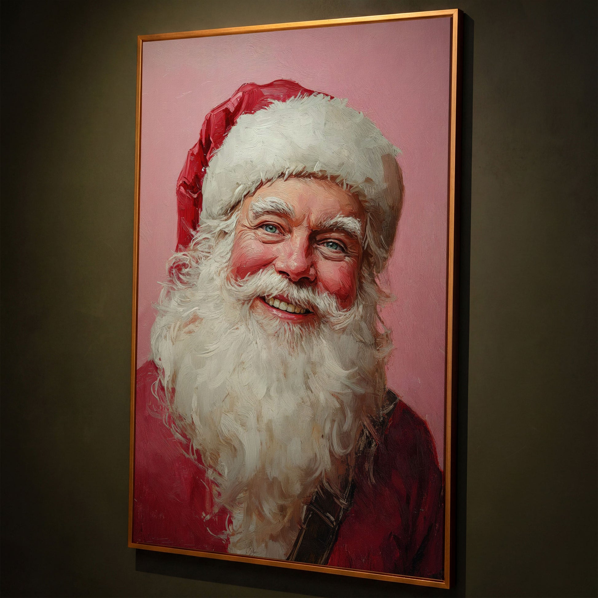 Santa Portrait Canvas in Rose Pink and Ivory shown in antique gold floating frame