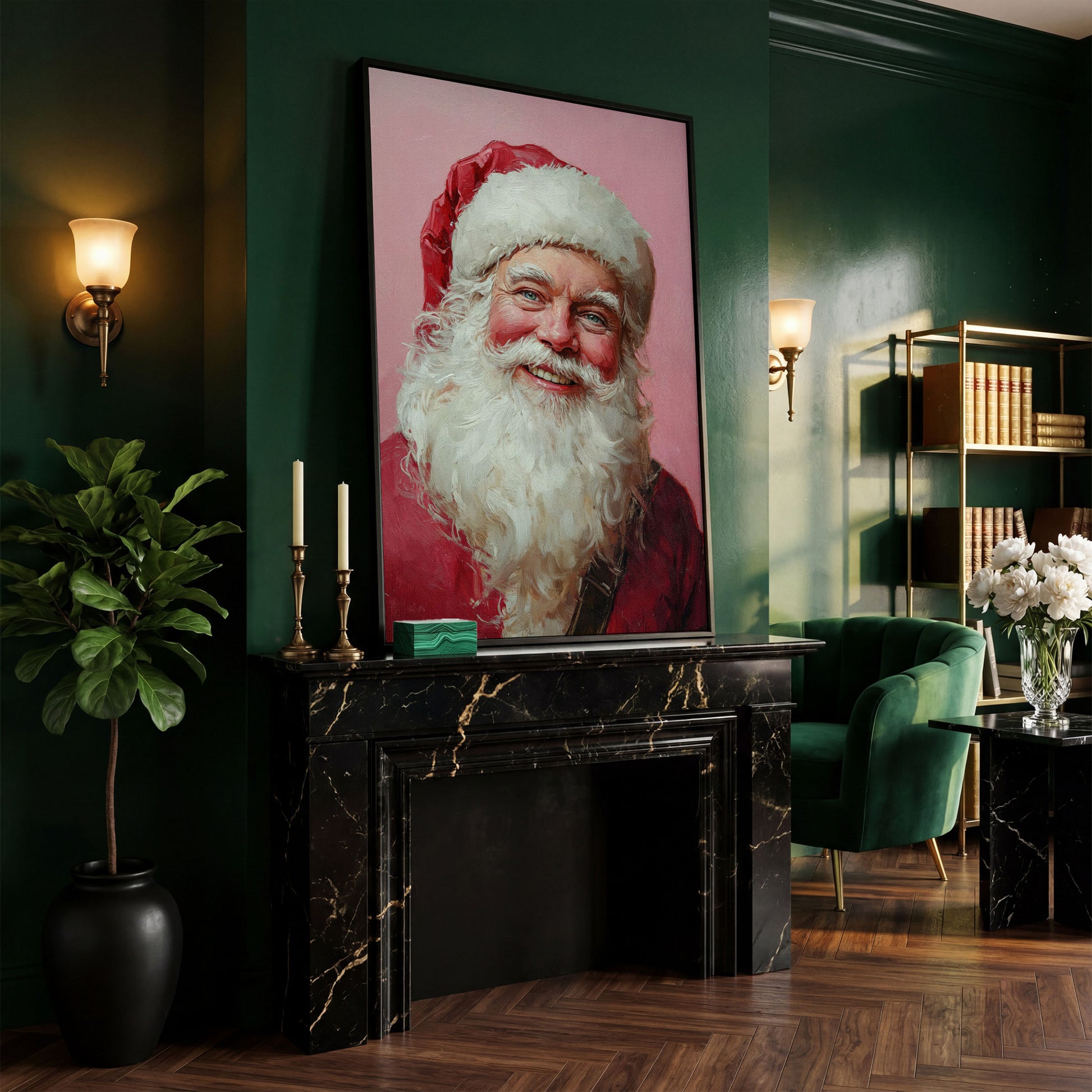Santa Portrait Canvas in Rose Pink and Ivory in black floating frame