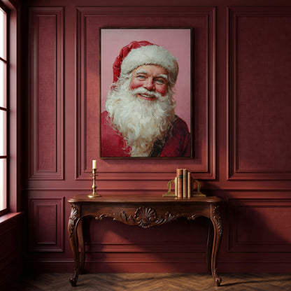 Santa Portrait Canvas in Rose Pink and Ivory in dark walnut floating frame