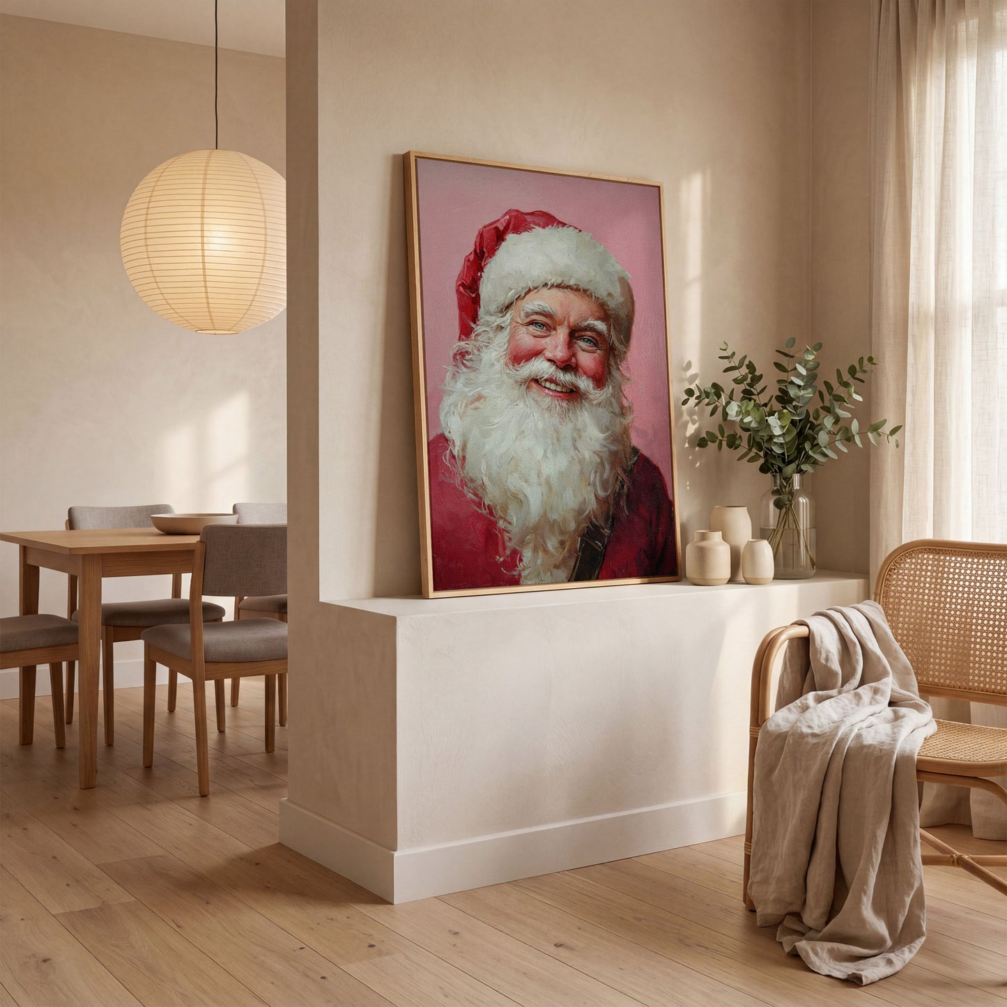 Santa Portrait Canvas in Rose Pink and Ivory in white oak floating frame