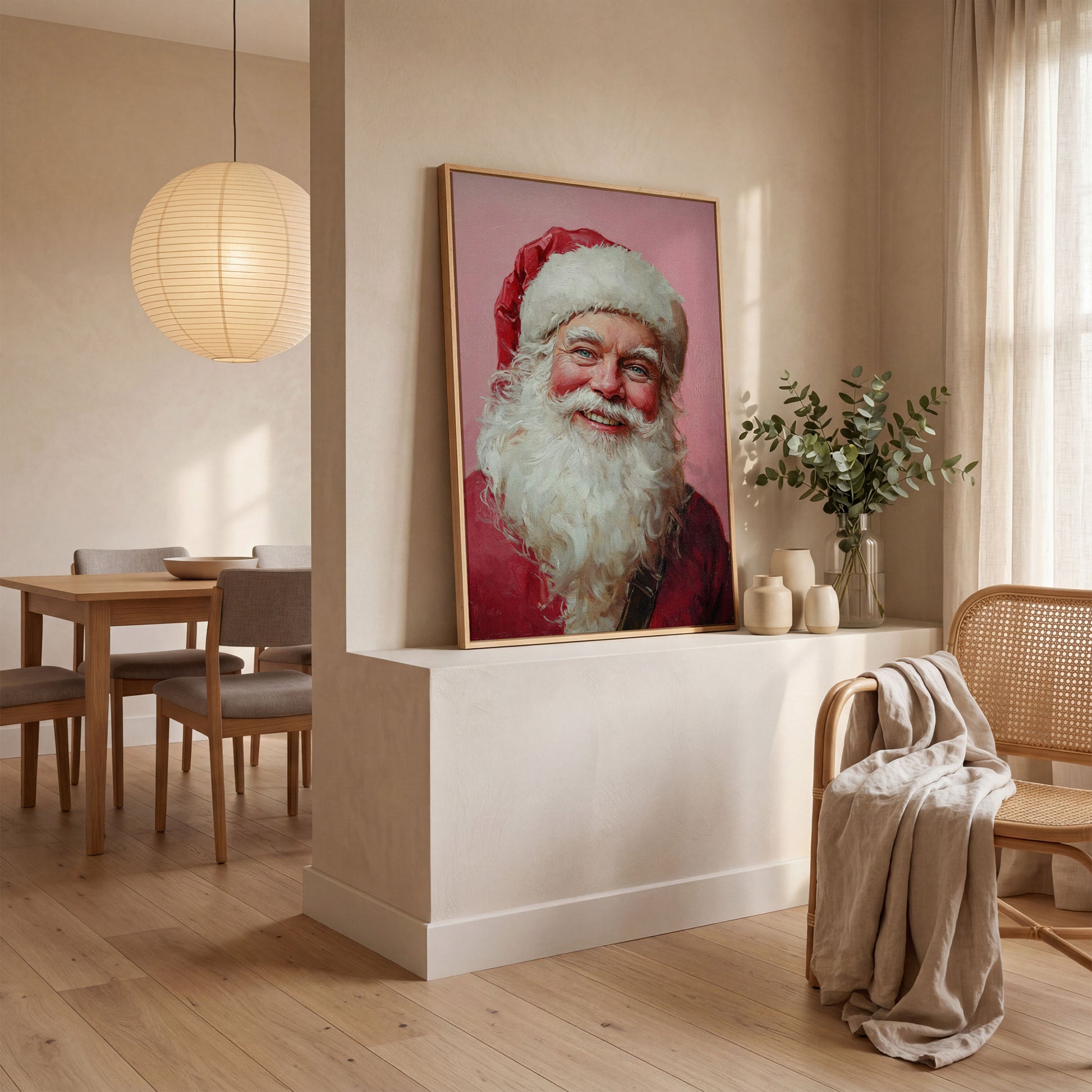 Santa Portrait Canvas in Rose Pink and Ivory in white oak floating frame