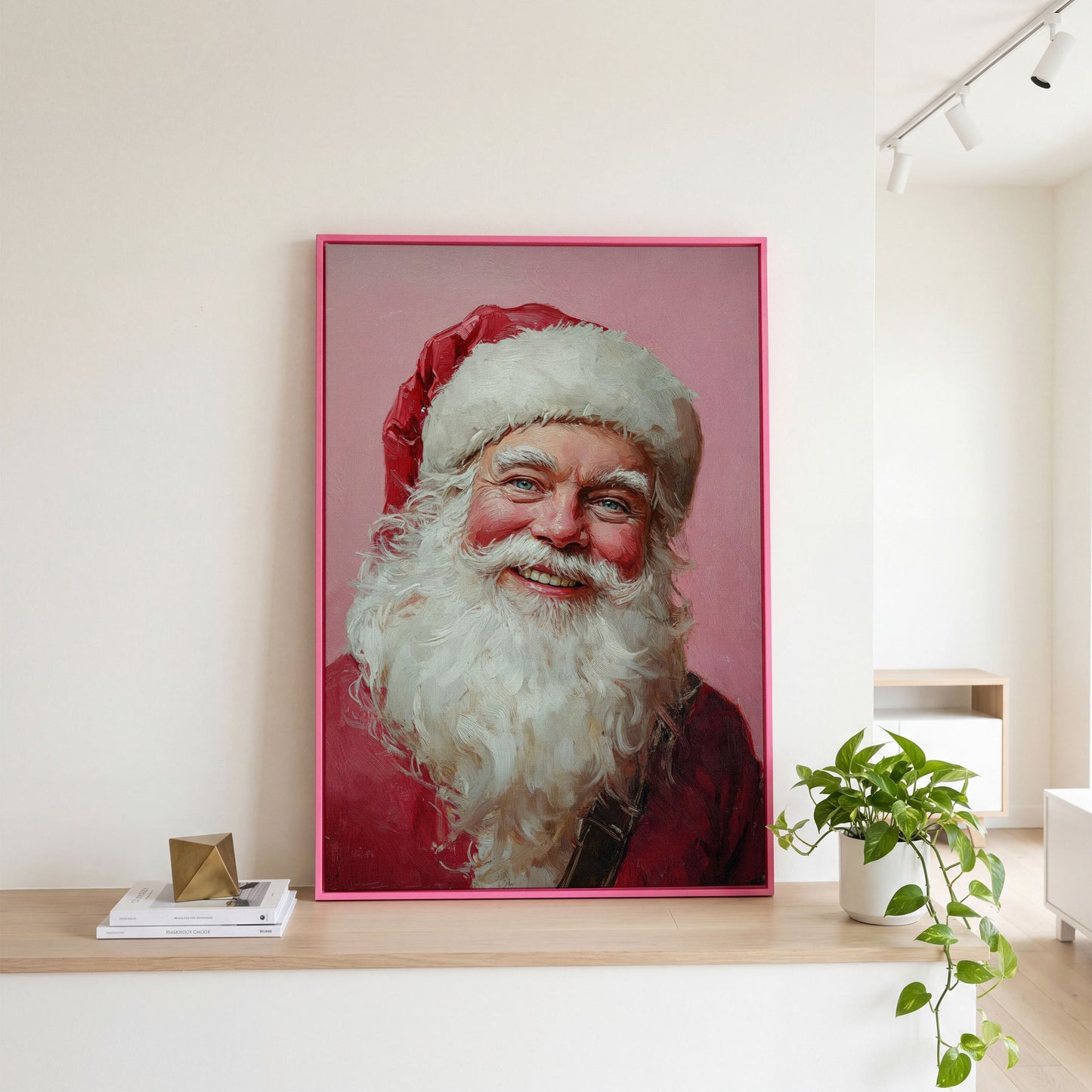 Santa Portrait Canvas in Rose Pink and Ivory in pink floating frame
