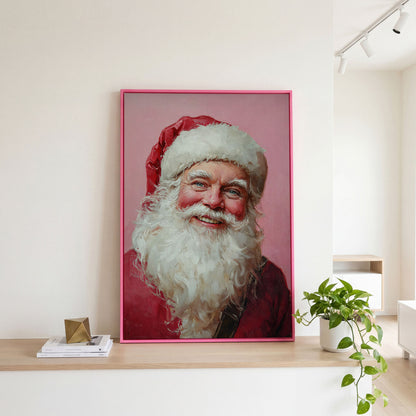 Santa Portrait Canvas in Rose Pink and Ivory in pink floating frame