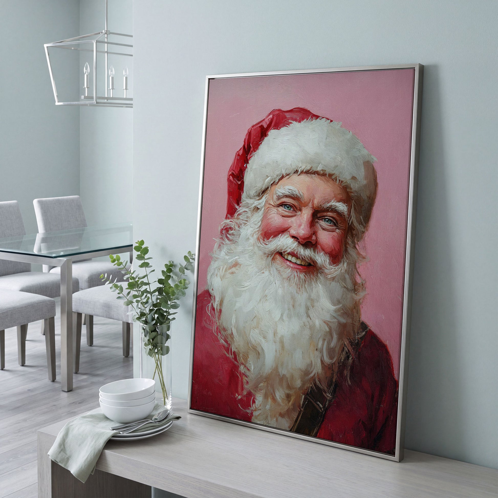 Santa Portrait Canvas in Rose Pink and Ivory in silver floating frame