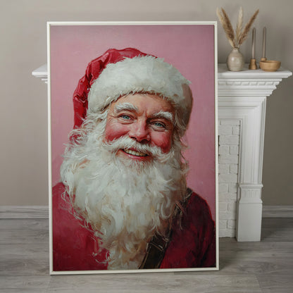 Santa Portrait Canvas in Rose Pink and Ivory in white floating frame