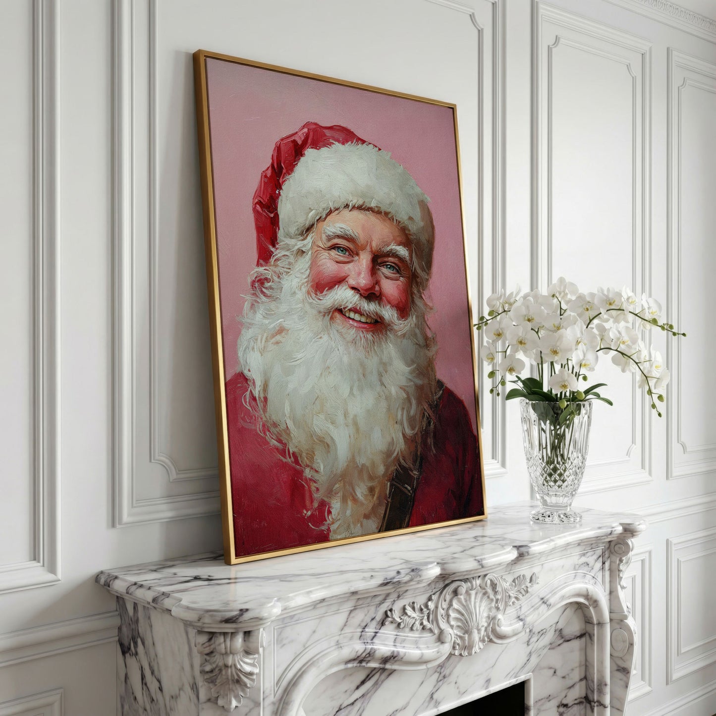 Santa Portrait Canvas in Rose Pink and Ivory in yellow gold floating frame