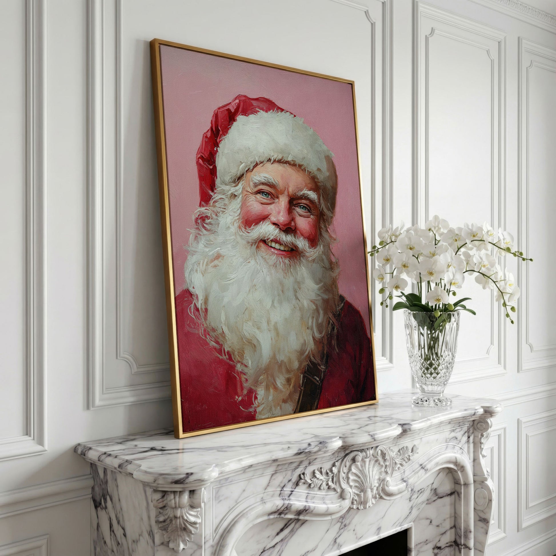 Santa Portrait Canvas in Rose Pink and Ivory in yellow gold floating frame