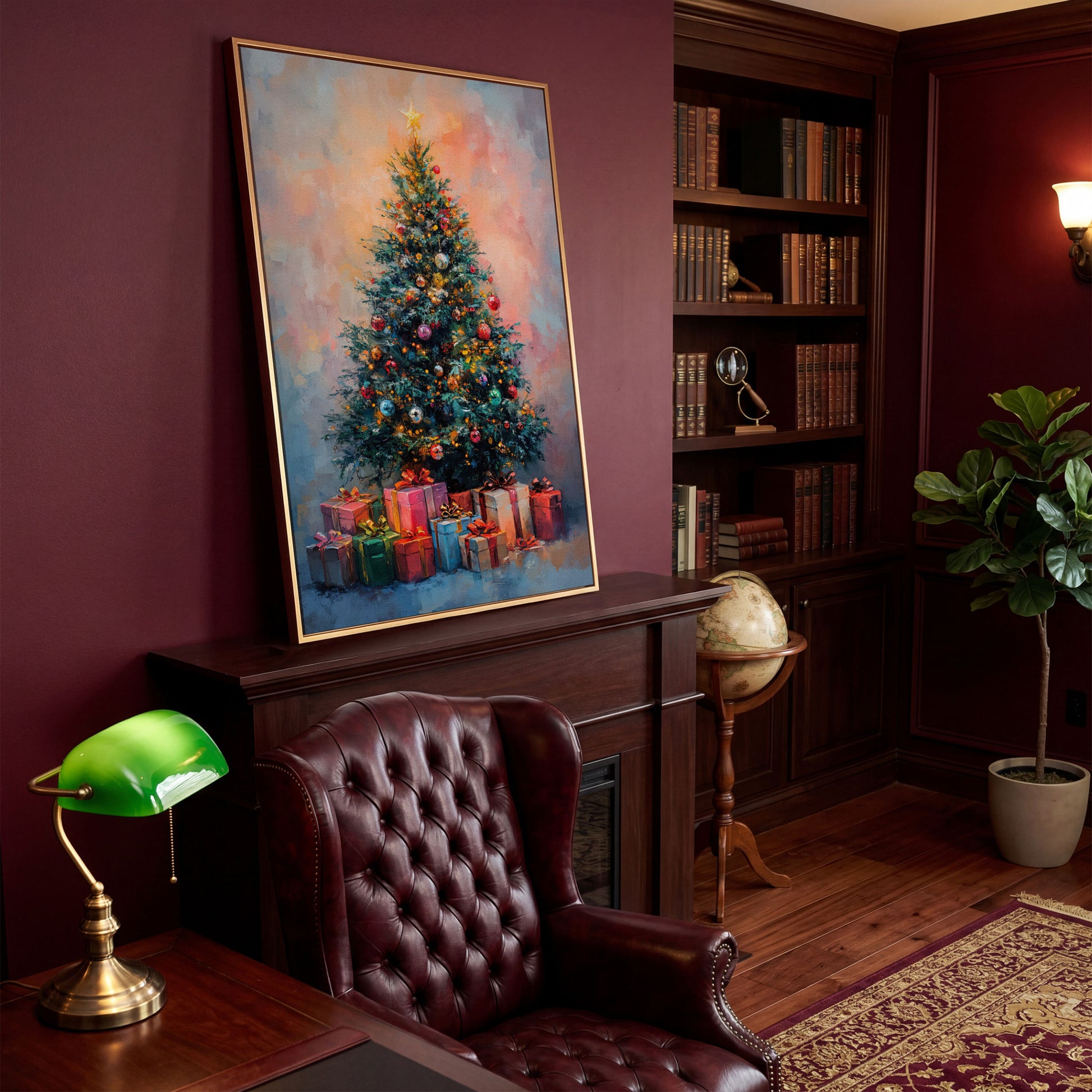 Christmas Tree Canvas with Teal & Rose Gold Gifts in antique gold floating frame