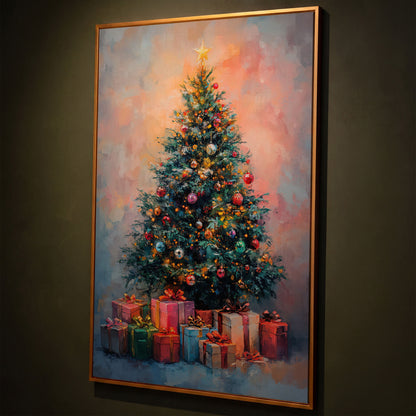 Christmas Tree Canvas with Teal & Rose Gold Gifts shown in antique gold floating frame