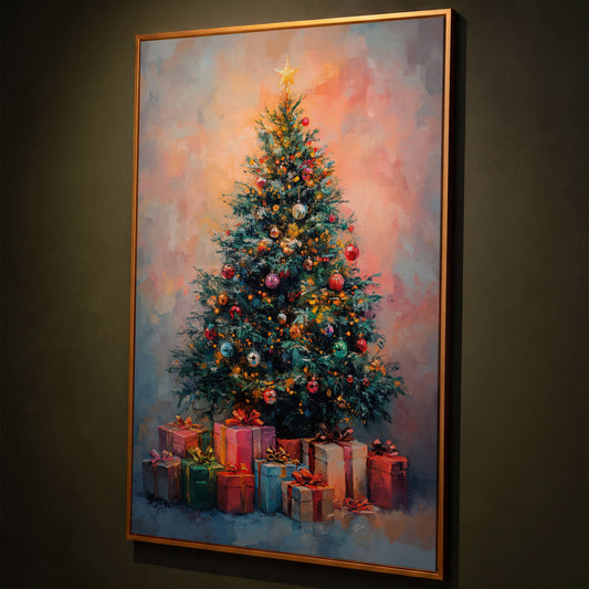 Christmas Tree Canvas with Teal & Rose Gold Gifts shown in antique gold floating frame