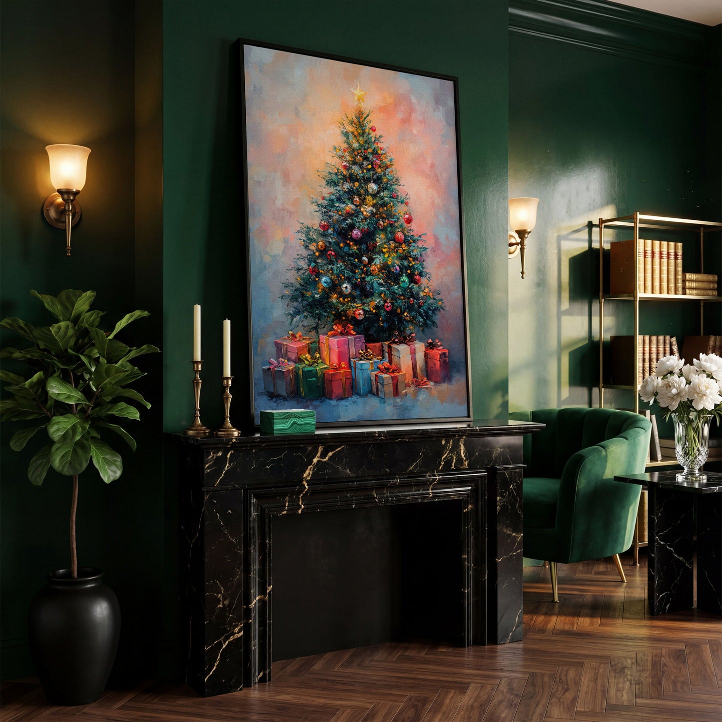 Christmas Tree Canvas with Teal & Rose Gold Gifts in black floating frame
