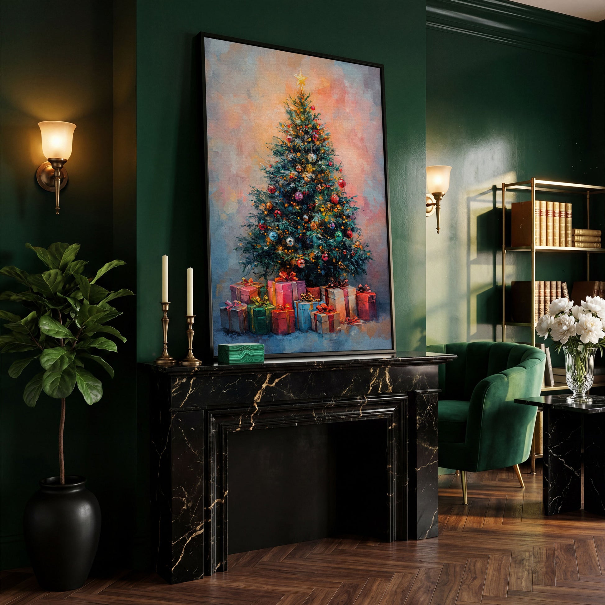 Christmas Tree Canvas with Teal & Rose Gold Gifts in black floating frame