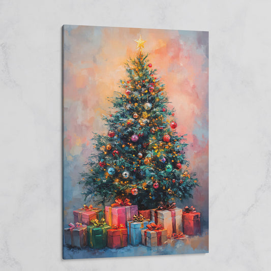 Christmas Tree Canvas with Teal & Rose Gold Gifts on gallery wrap