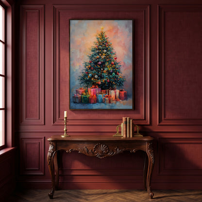 Christmas Tree Canvas with Teal & Rose Gold Gifts in dark walnut floating frame