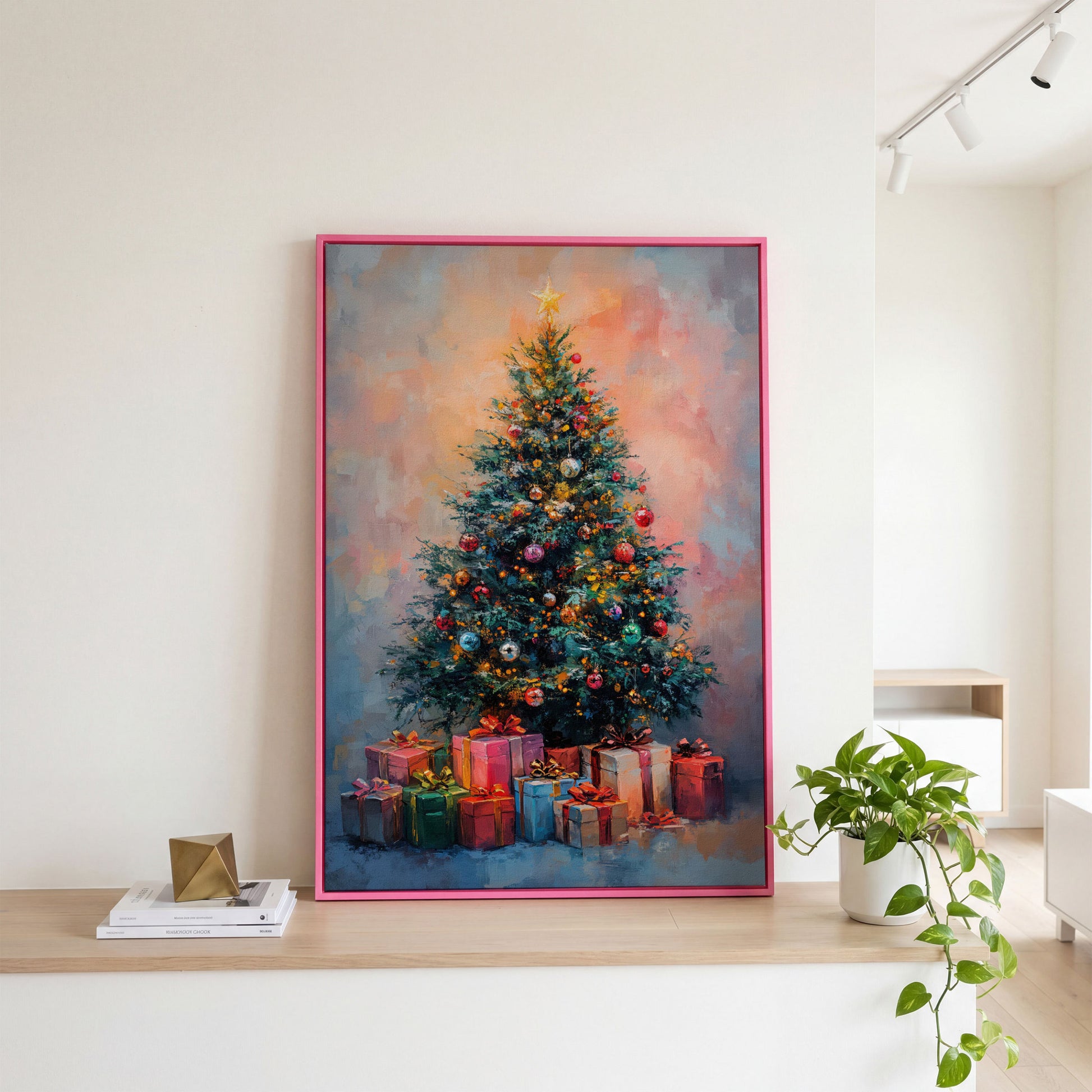 Christmas Tree Canvas with Teal & Rose Gold Gifts in pink floating frame