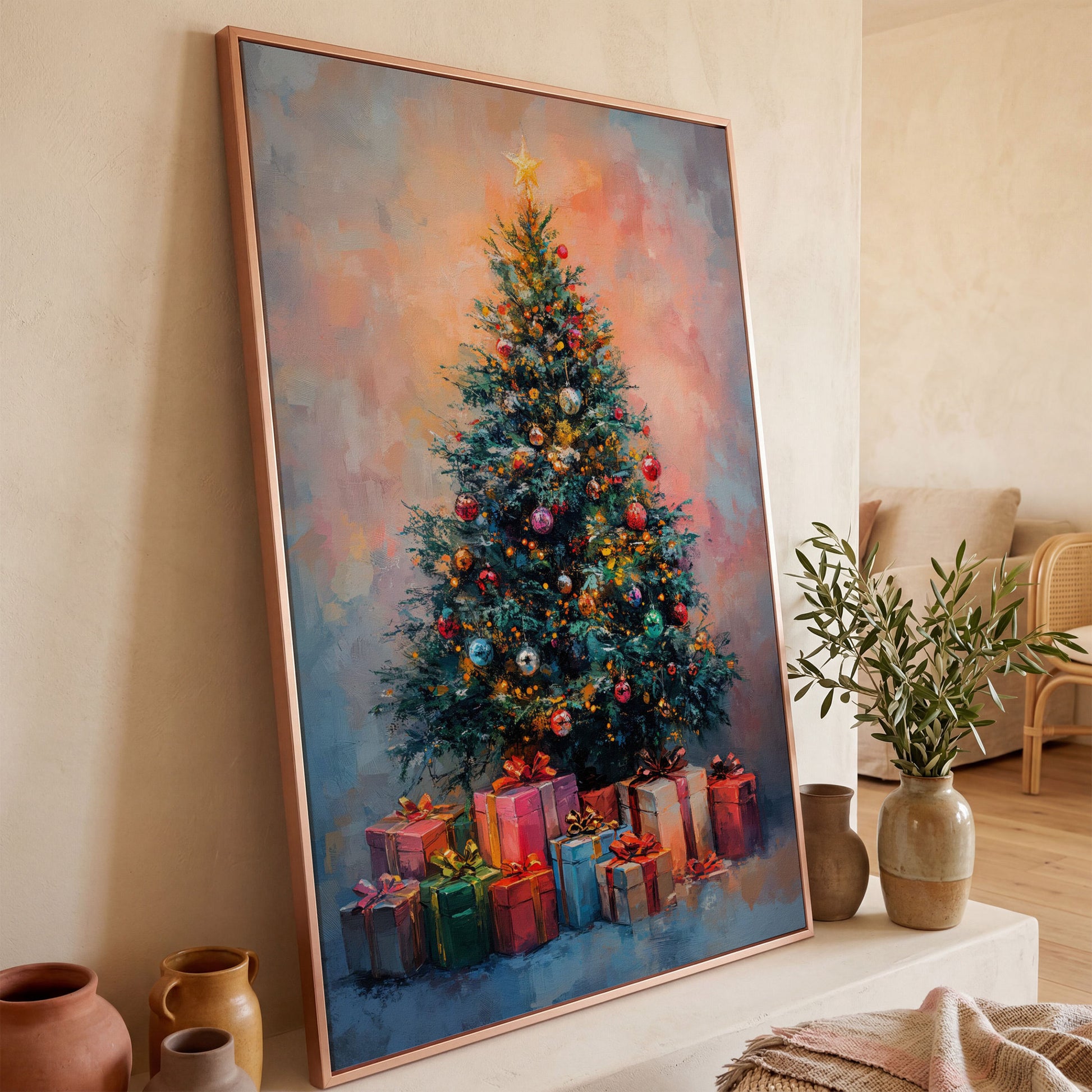 Christmas Tree Canvas with Teal & Rose Gold Gifts in rose gold floating frame
