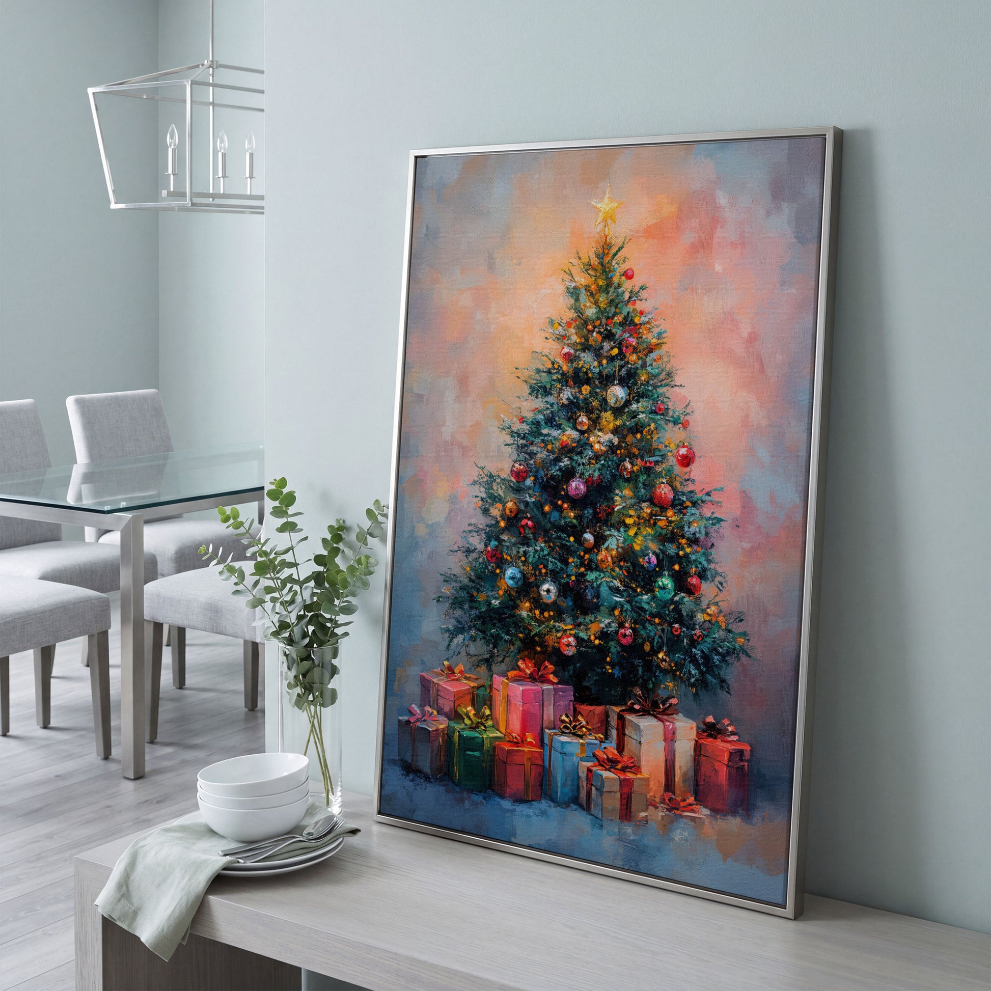 Christmas Tree Canvas with Teal & Rose Gold Gifts in silver floating frame