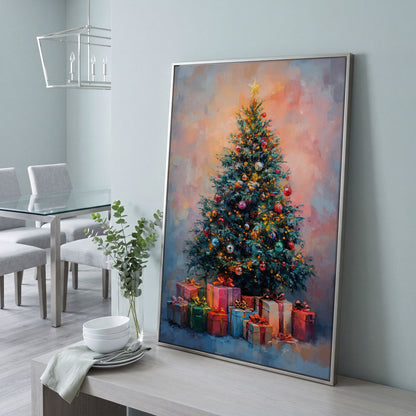 Christmas Tree Canvas with Teal & Rose Gold Gifts in silver floating frame