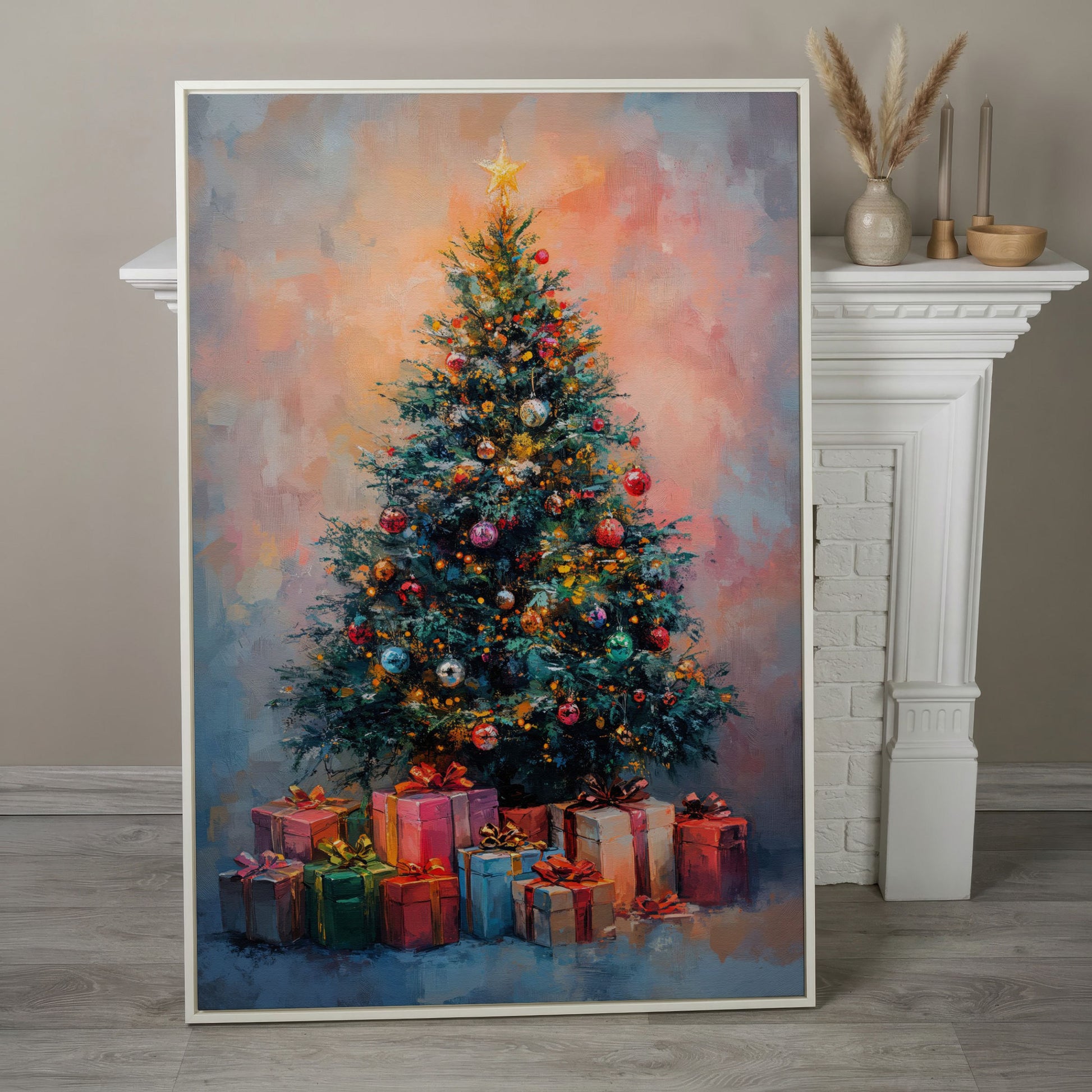 Christmas Tree Canvas with Teal & Rose Gold Gifts in white floating frame