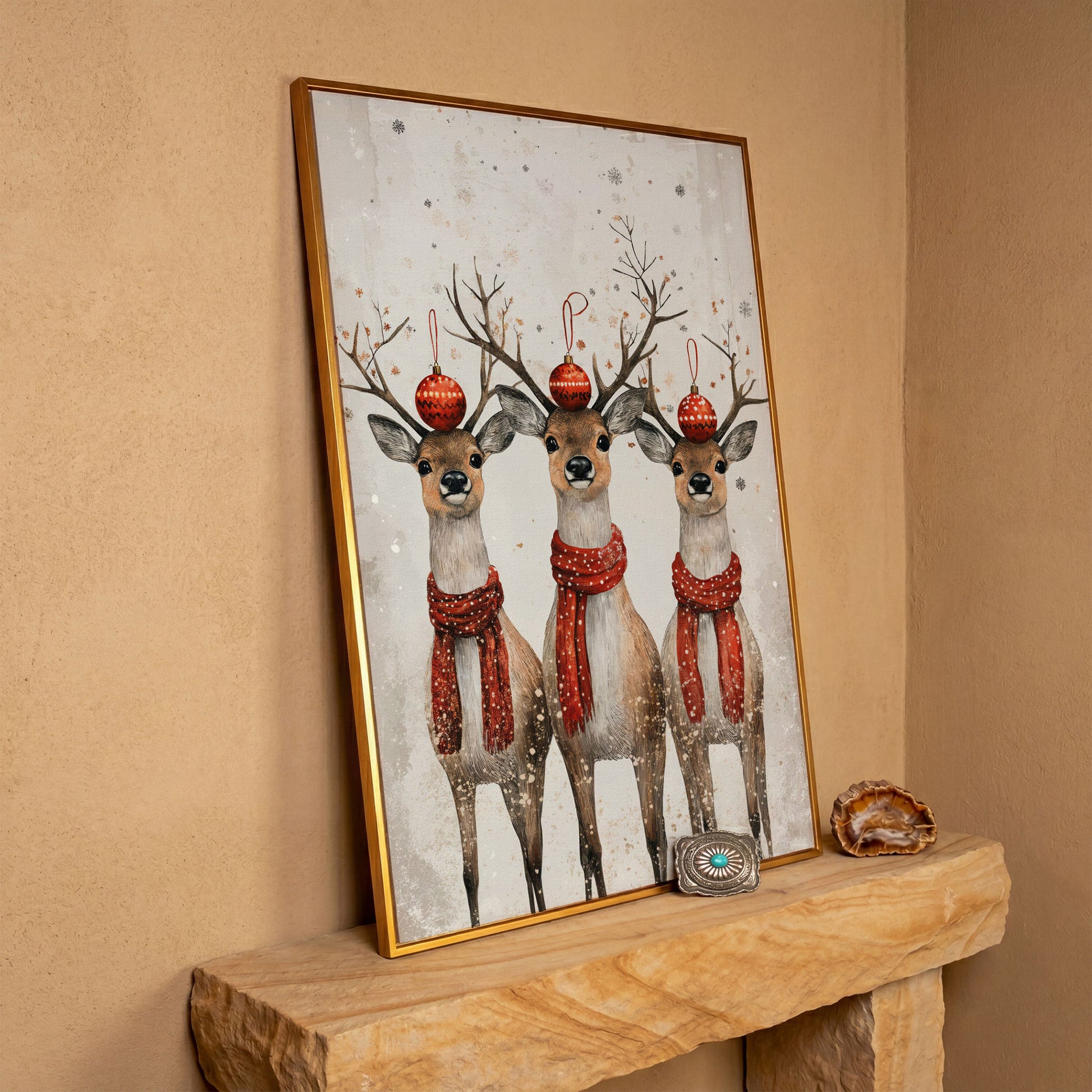 Christmas Reindeer Trio Canvas Print in antique gold floating frame
