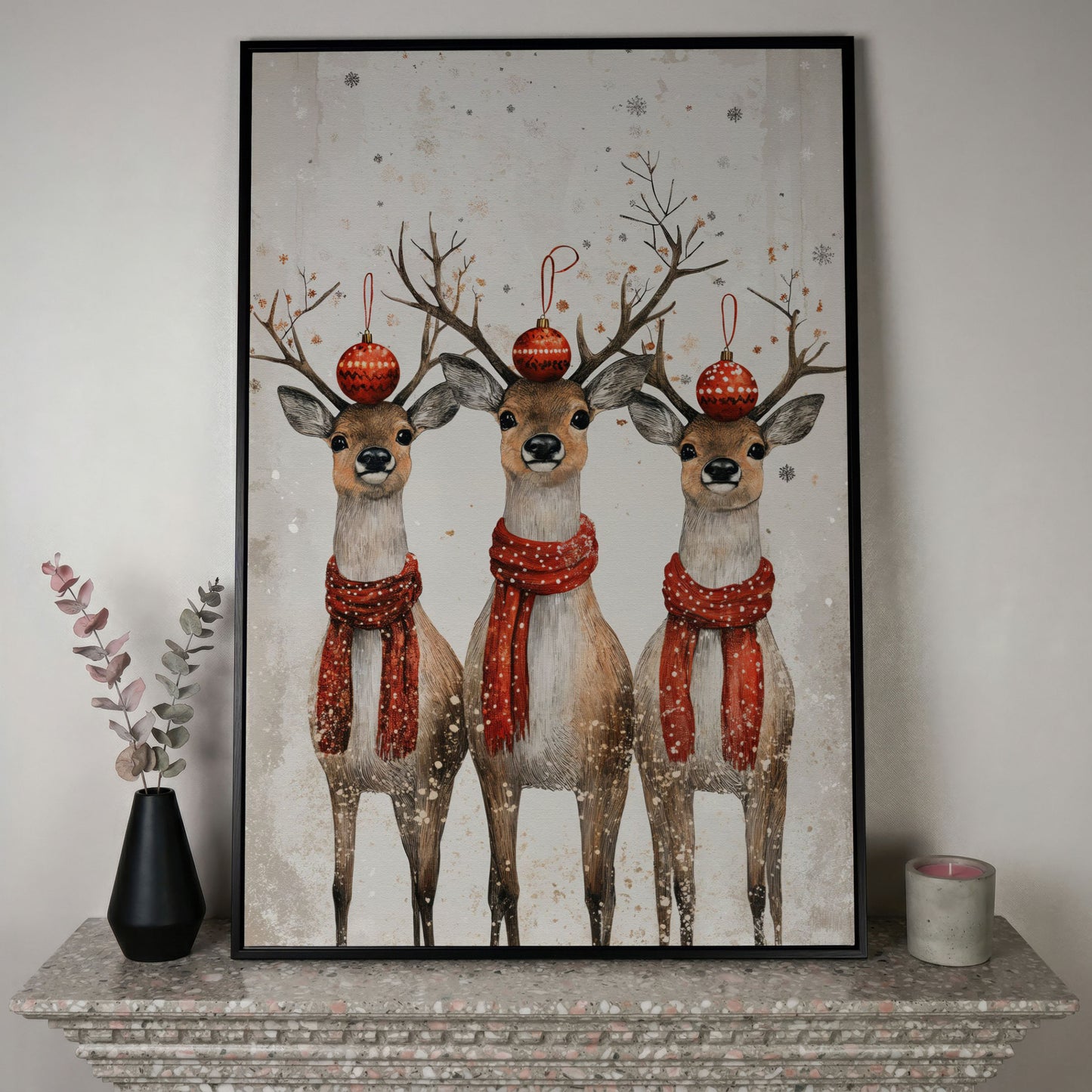 Christmas Reindeer Trio Canvas Print in black floating frame