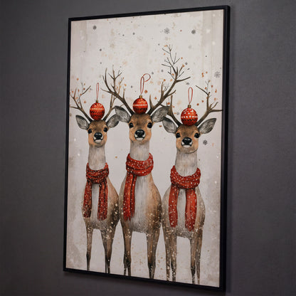 Christmas Reindeer Trio Canvas Print shown in black floating frame