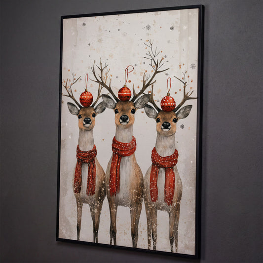 Christmas Reindeer Trio Canvas Print shown in black floating frame