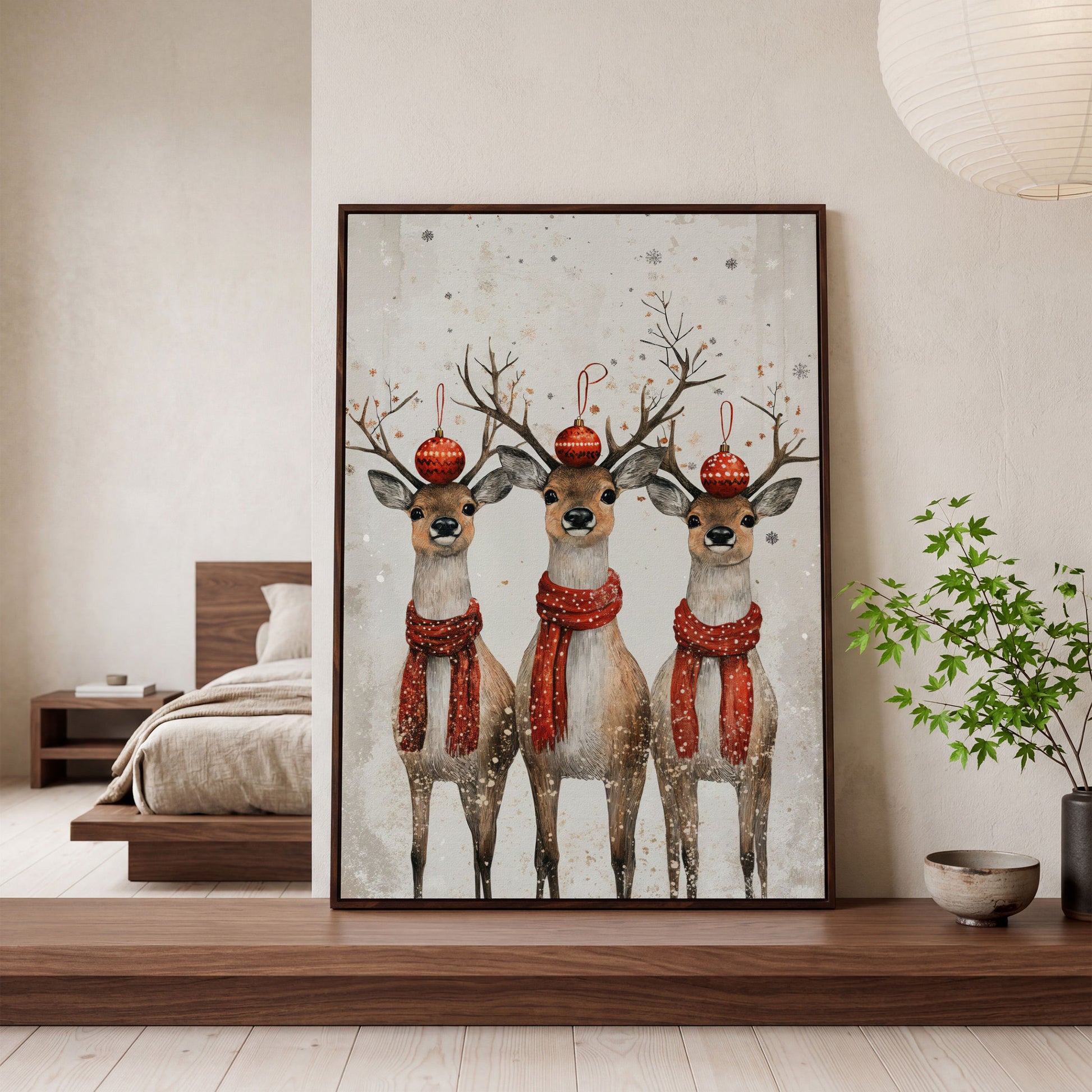 Christmas Reindeer Trio Canvas Print in dark walnut floating frame