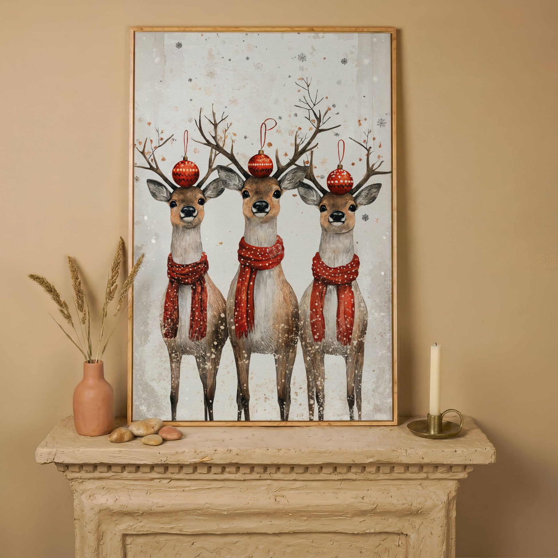 Christmas Reindeer Trio Canvas Print in white oak floating frame
