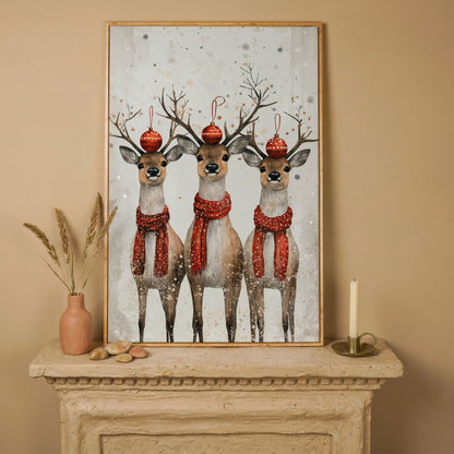 Christmas Reindeer Trio Canvas Print in white oak floating frame