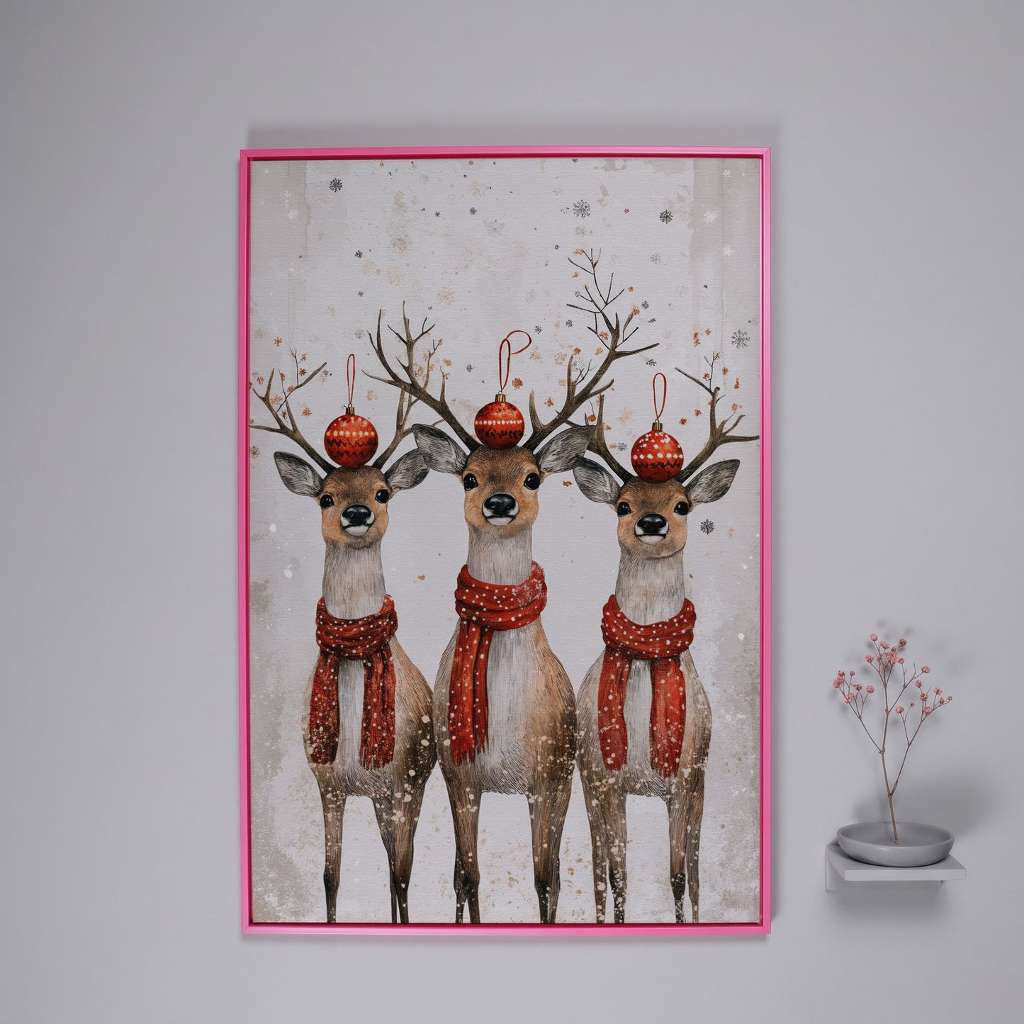 Christmas Reindeer Trio Canvas Print in pink floating frame