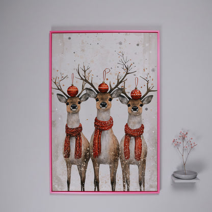 Christmas Reindeer Trio Canvas Print in pink floating frame