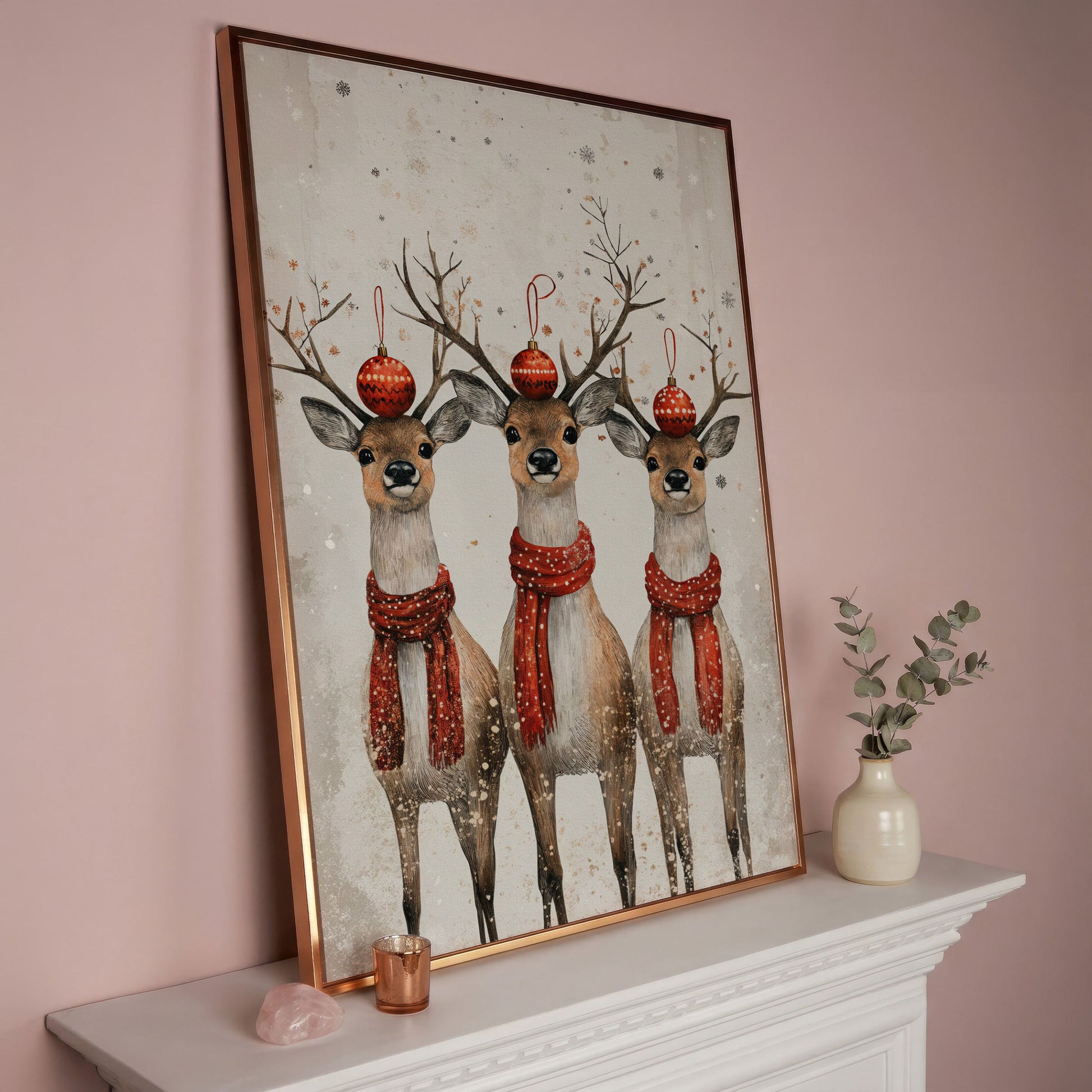 Christmas Reindeer Trio Canvas Print in rose gold floating frame