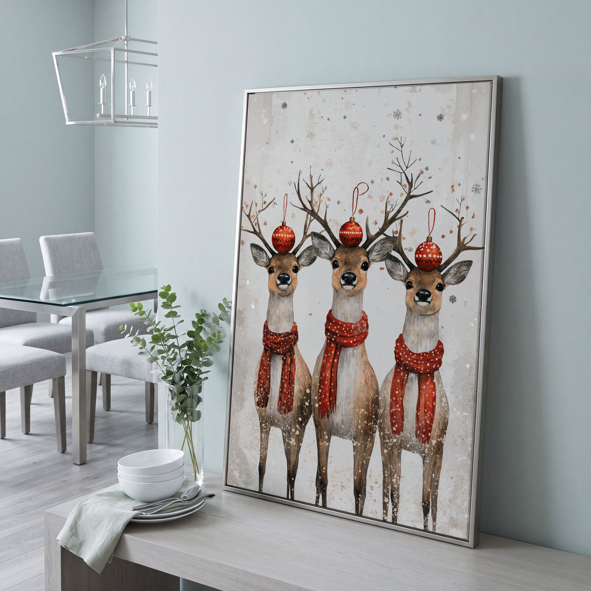 Christmas Reindeer Trio Canvas Print in silver floating frame