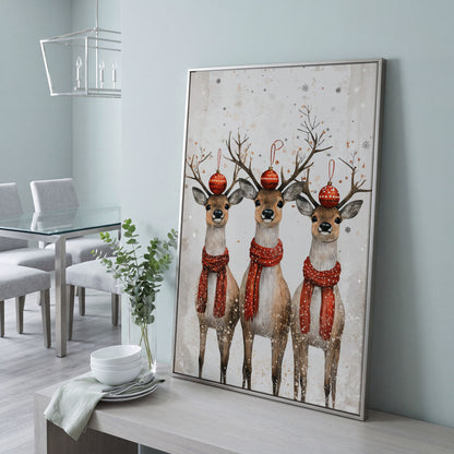 Christmas Reindeer Trio Canvas Print in silver floating frame