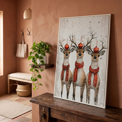 Christmas Reindeer Trio Canvas Print in white floating frame