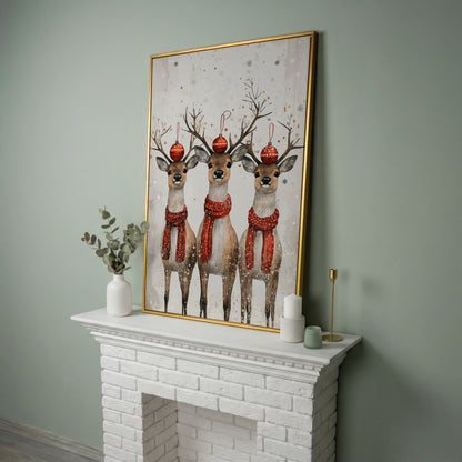 Christmas Reindeer Trio Canvas Print in yellow gold floating frame