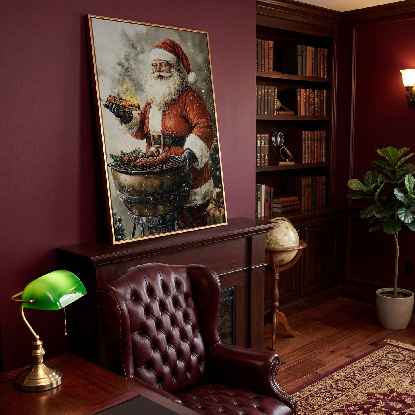 Santa at the Grill Canvas Print in antique gold floating frame