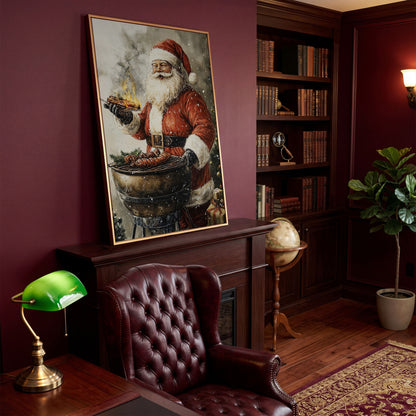 Santa at the Grill Canvas Print in antique gold floating frame