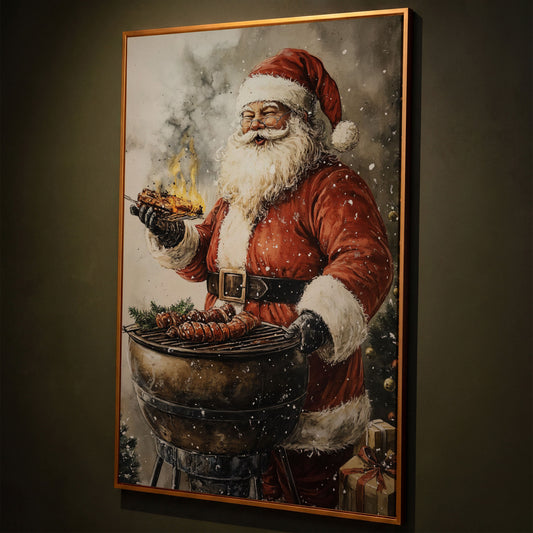 Santa at the Grill Canvas Print shown in antique gold floating frame