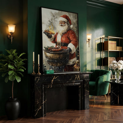 Santa at the Grill Canvas Print in black floating frame