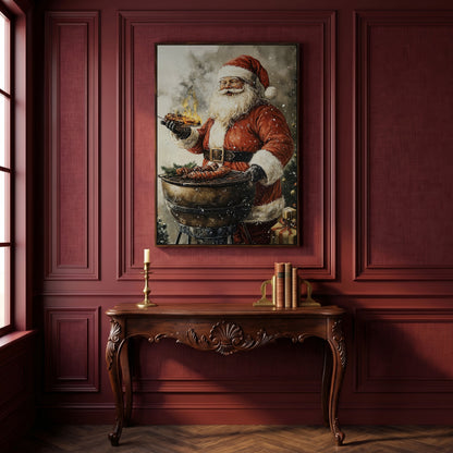 Santa at the Grill Canvas Print in dark walnut floating frame