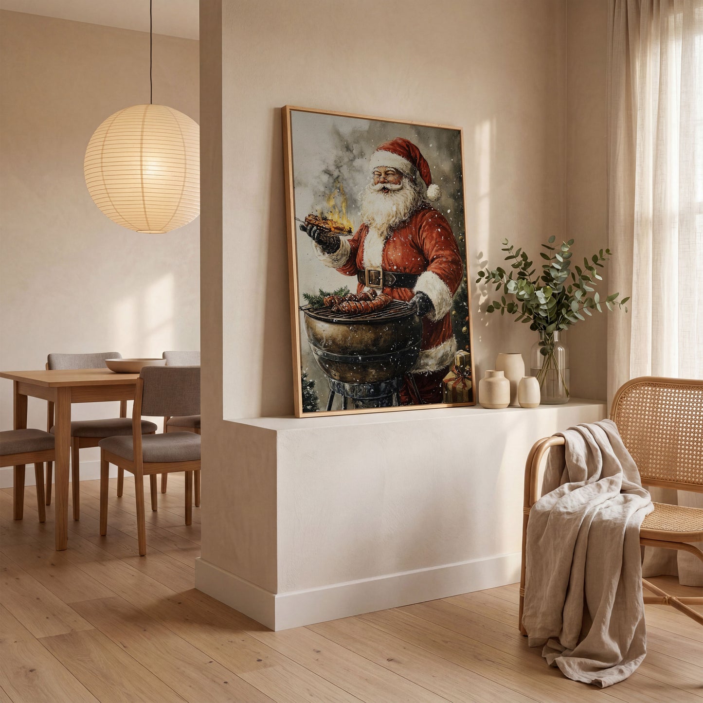 Santa at the Grill Canvas Print in white oak floating frame