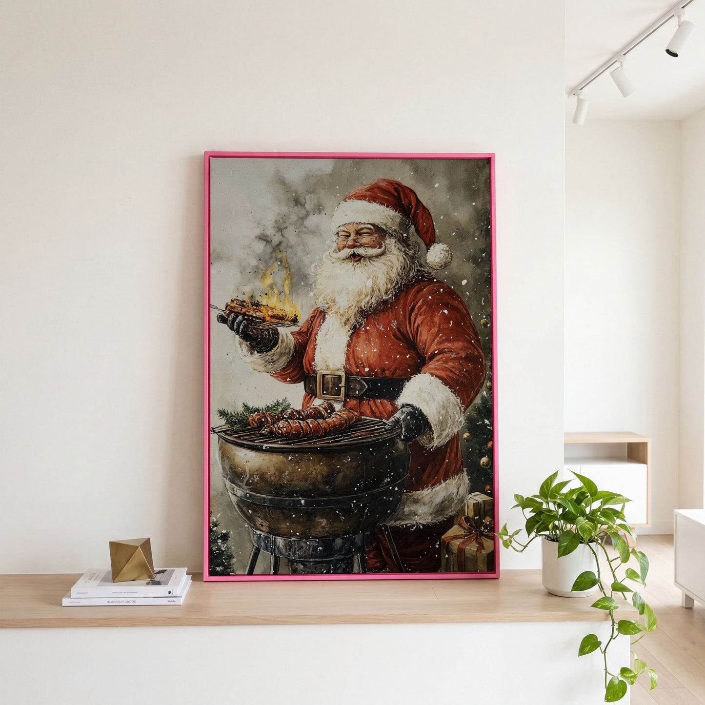 Santa at the Grill Canvas Print in pink floating frame